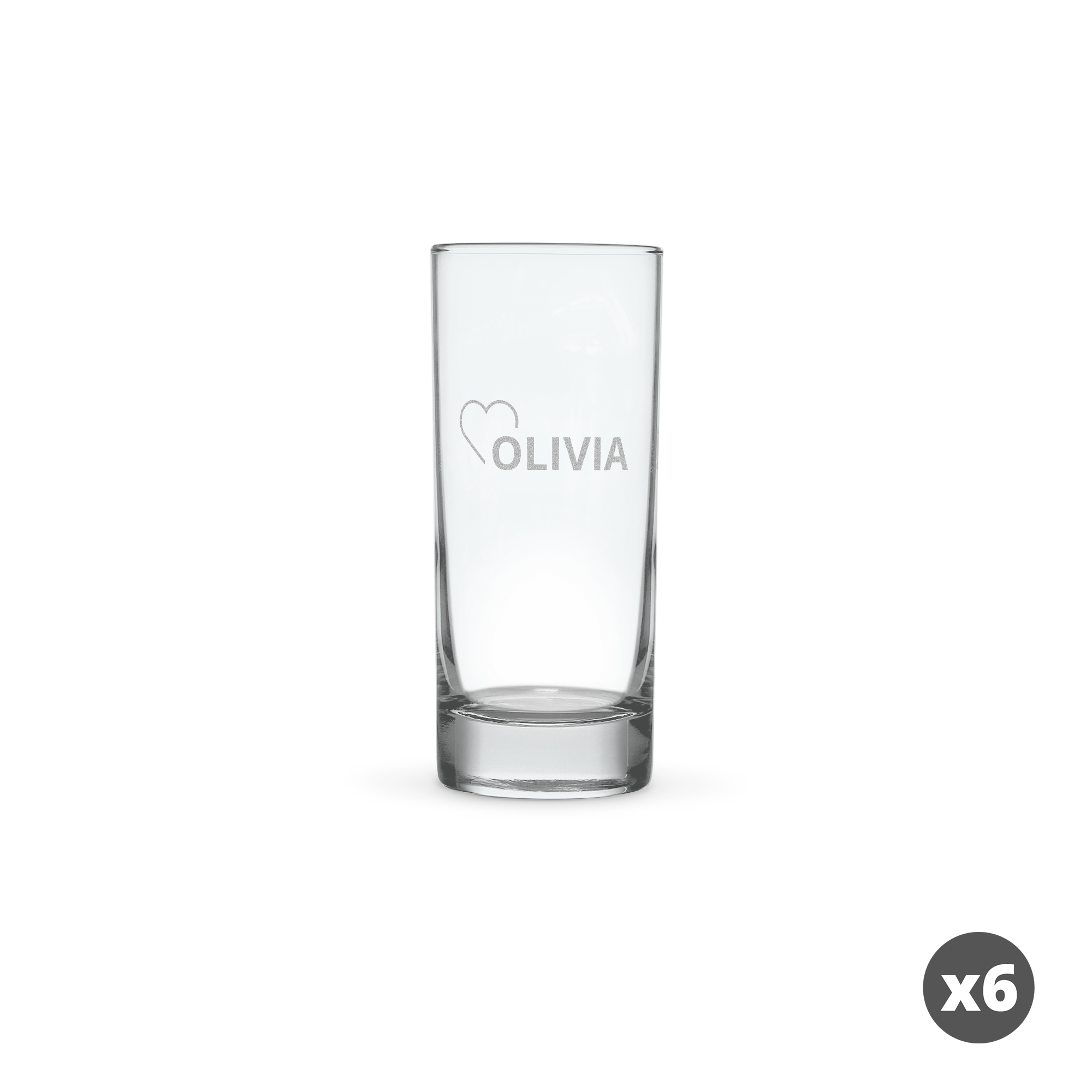 Gjennomsiktig longdrinkglass gravert med navnet OLIVIA og et lite hjerte foran, 6-pakning