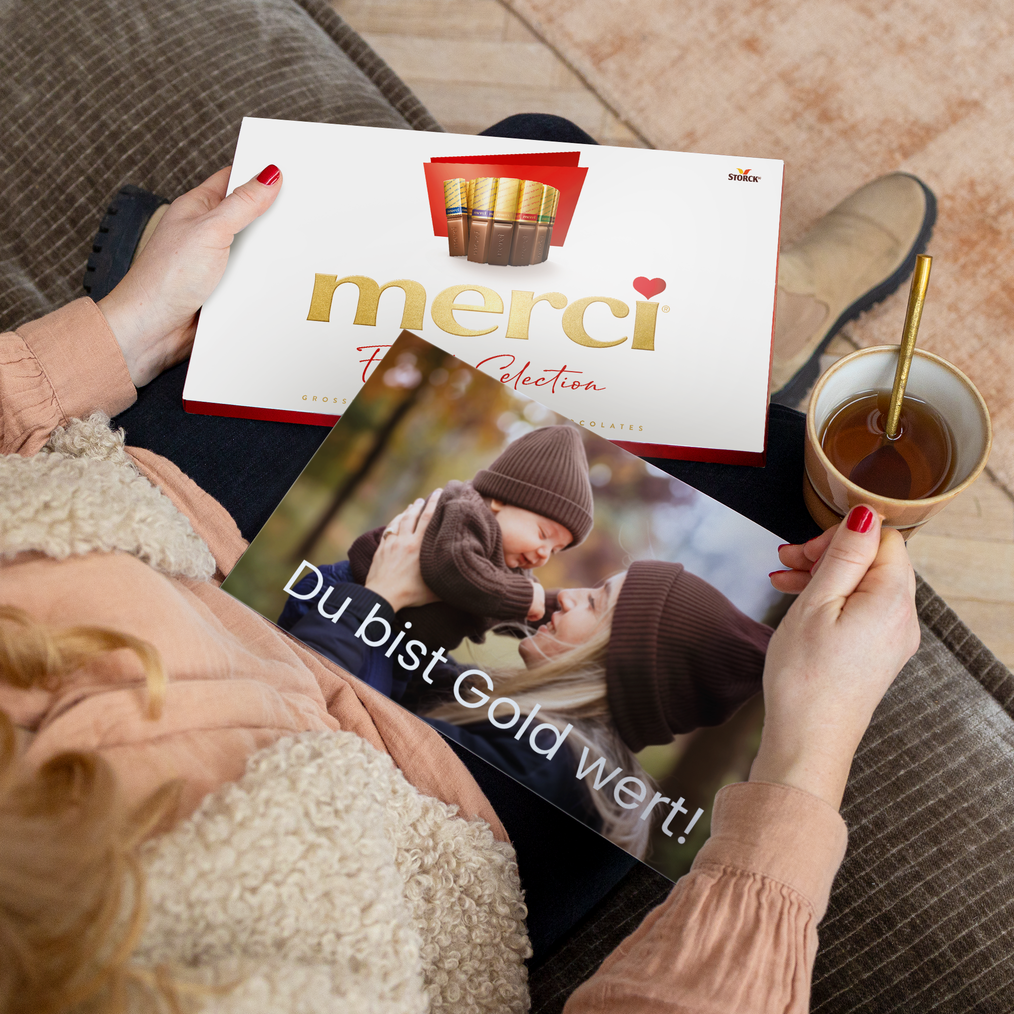 Merci Schokolade mit personalisierter Grußkarte - 400 Gramm mit Foto und Text bedruckt