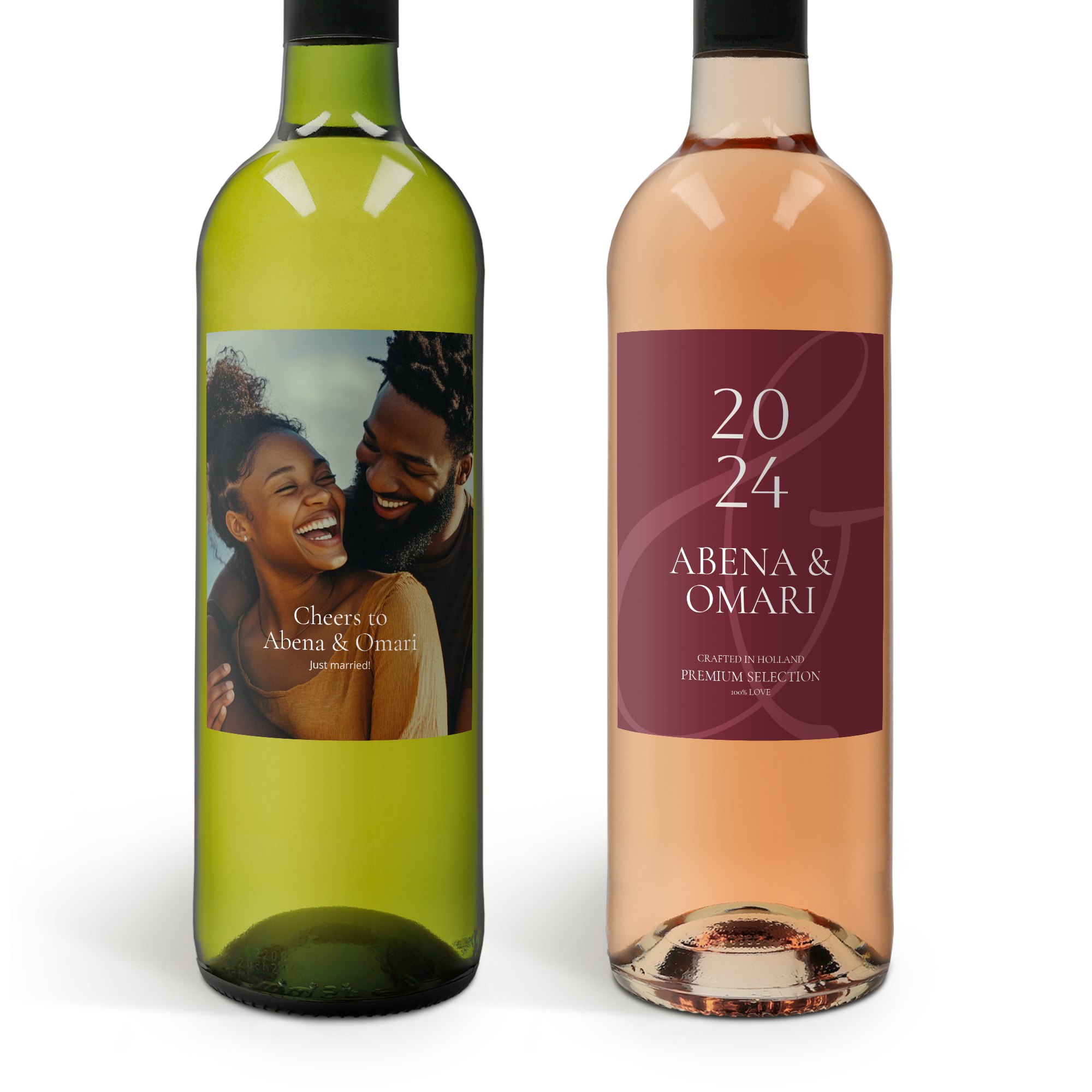 Botella de vino blanco con foto impresa de pareja y vino rosado personalizado con nombres y el año 2024.