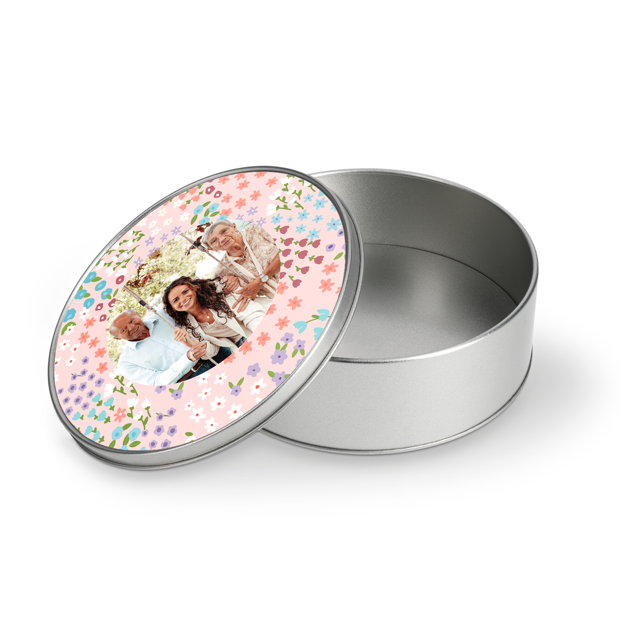 Scatola rotonda in metallo con coperchio personalizzato stampato con foto e fantasia floreale. Sorprendili con una scatola di ricordi con la tua foto preferita