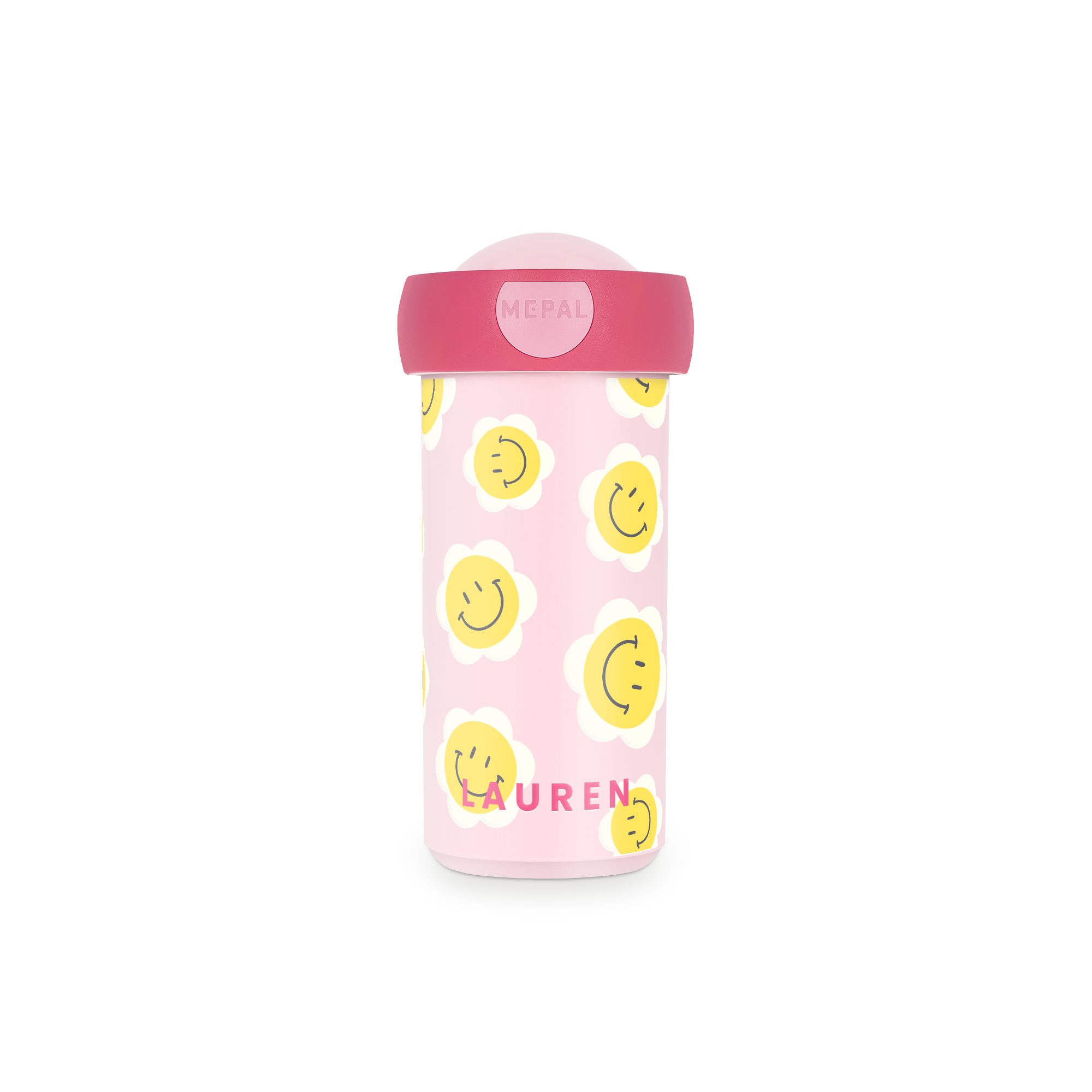 Pink personalized school cup with yellow smiley flower print and the name LAUREN printed on it