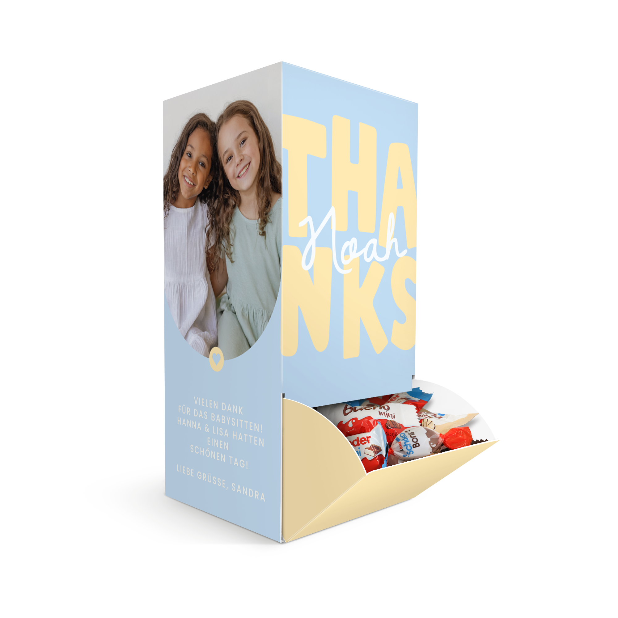Personalisierter Schokoladenspender mit Kinder Happy Moments bedruckt mit Foto Text und dem Namen Noah