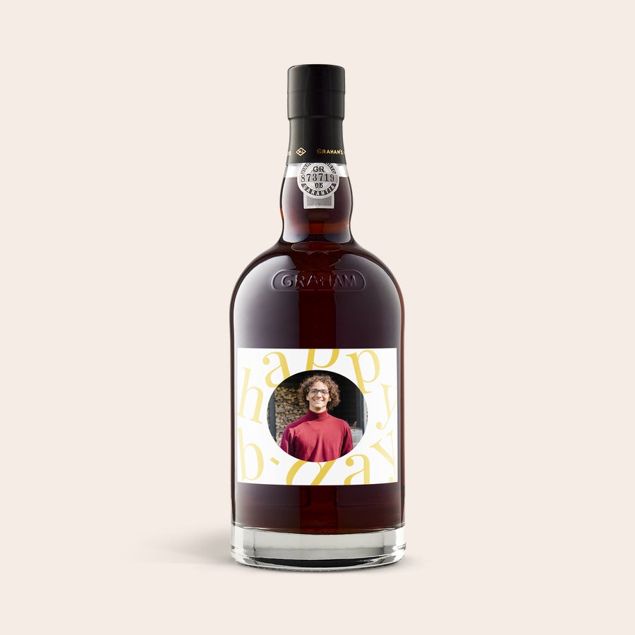 Graham's 20 anos Garrafa de Vinho do Porto Graham 20 anos com rótulo personalizado com foto e texto.