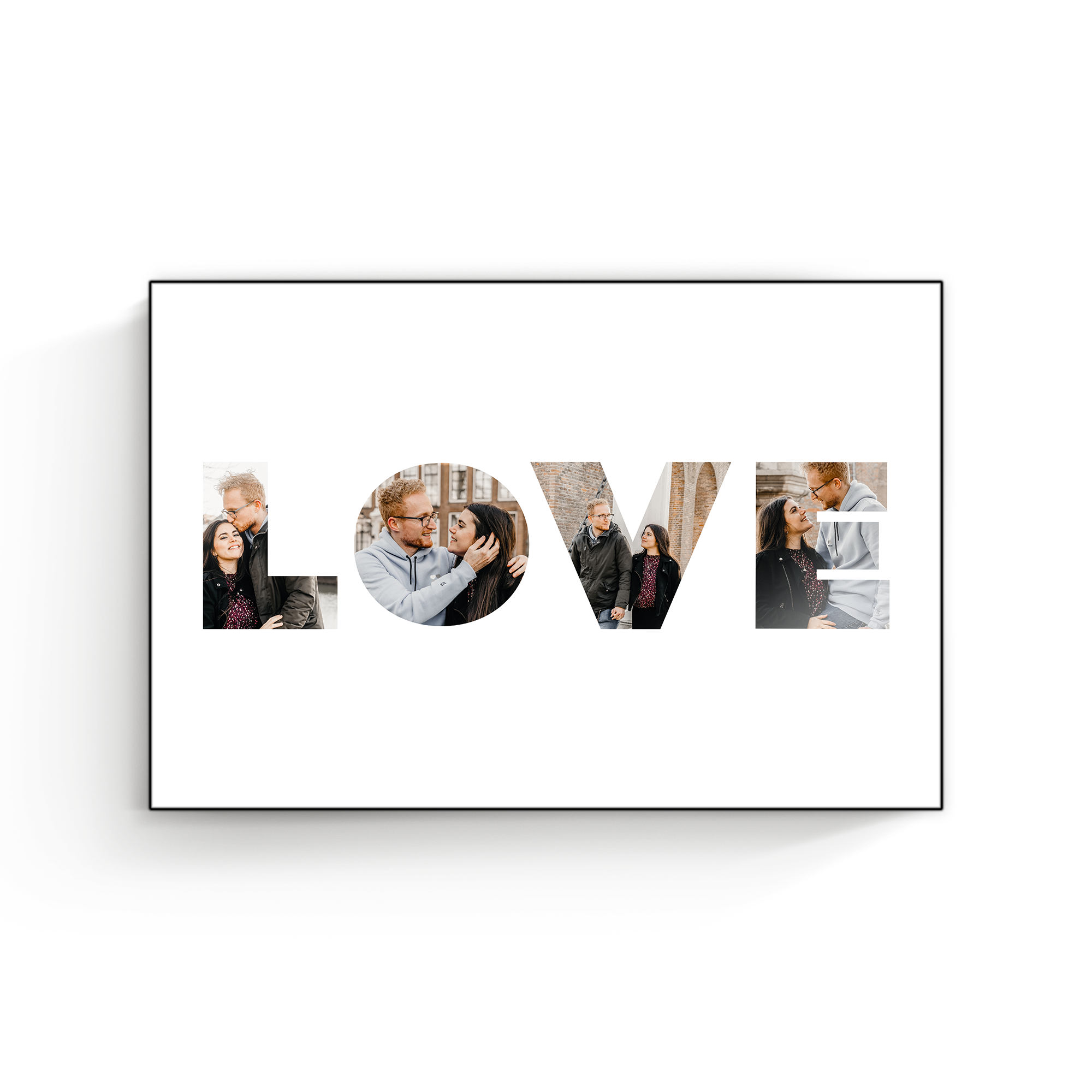 ChromaLuxe wooden photo panel printed with a custom photo collage spelling LOVE
