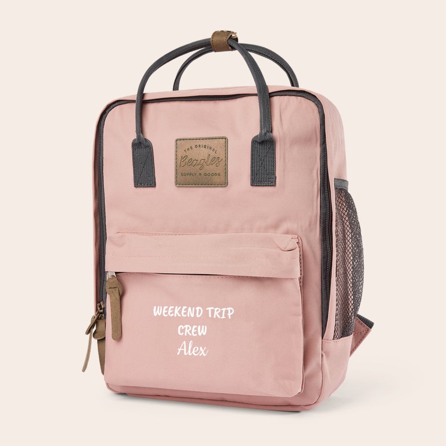 Personalised backpack - Printed Pink personalised backpack with a printed Weekend Trip Crew Alex design and text