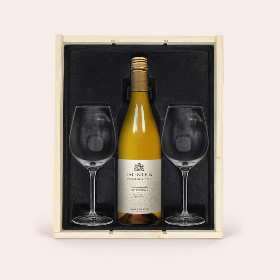 Salentein Chardonnay Personalizzato Set regalo da vino Salentein Chardonnay con 2 bicchieri e custodia in legno personalizzabile con incisione sul coperchio