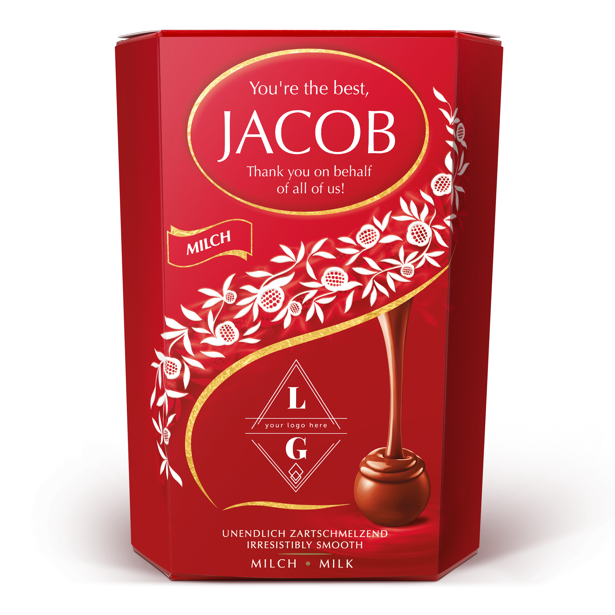 Piros Lindt csokoládé ajándékdoboz Jacob névvel és You're the best felirattal, egyedi névvel nyomtatva