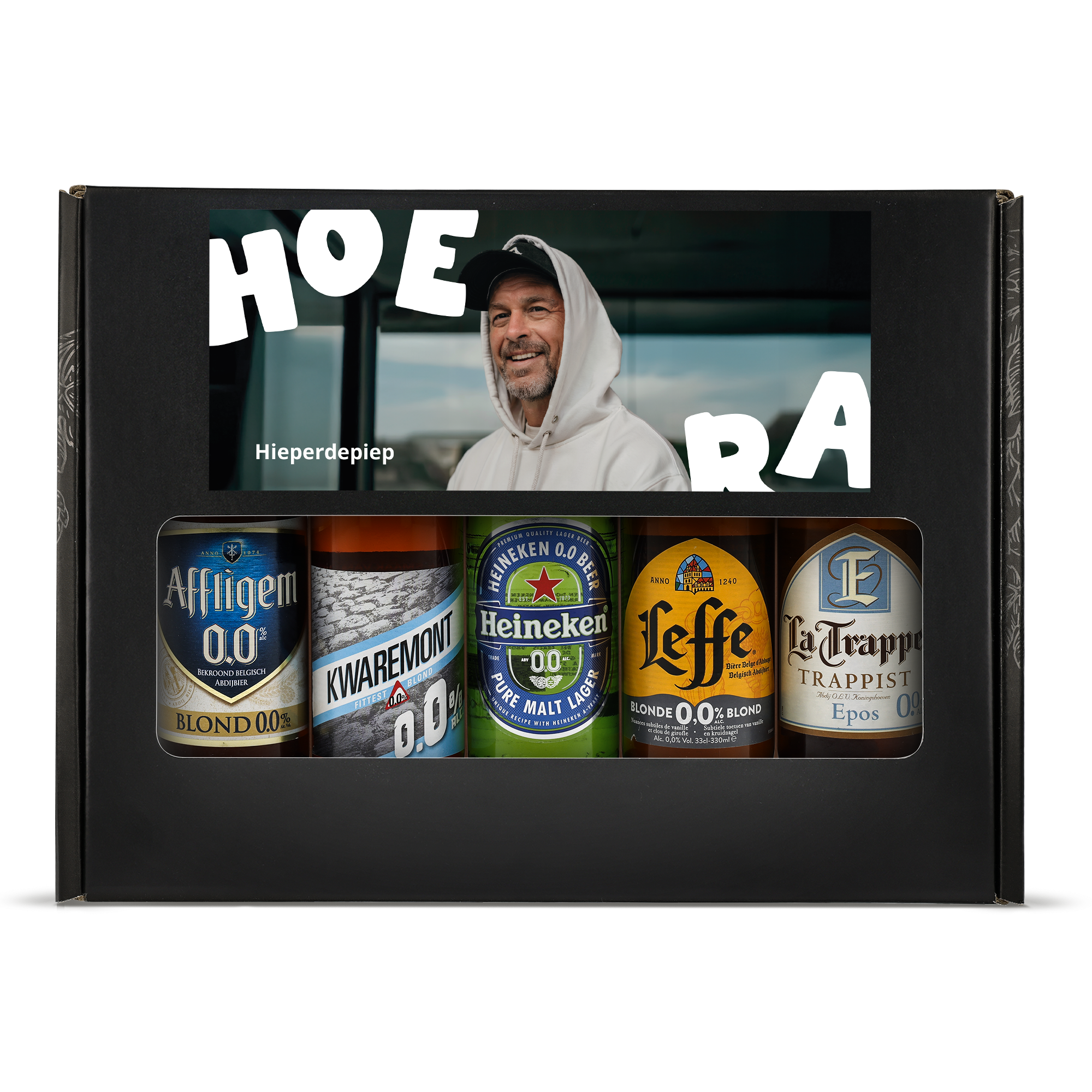 Gepersonaliseerd bierpakket alcoholvrij met eigen foto en de tekst Hieperdepiep erop geprint, gevuld met vijf alcoholvrije bieren.