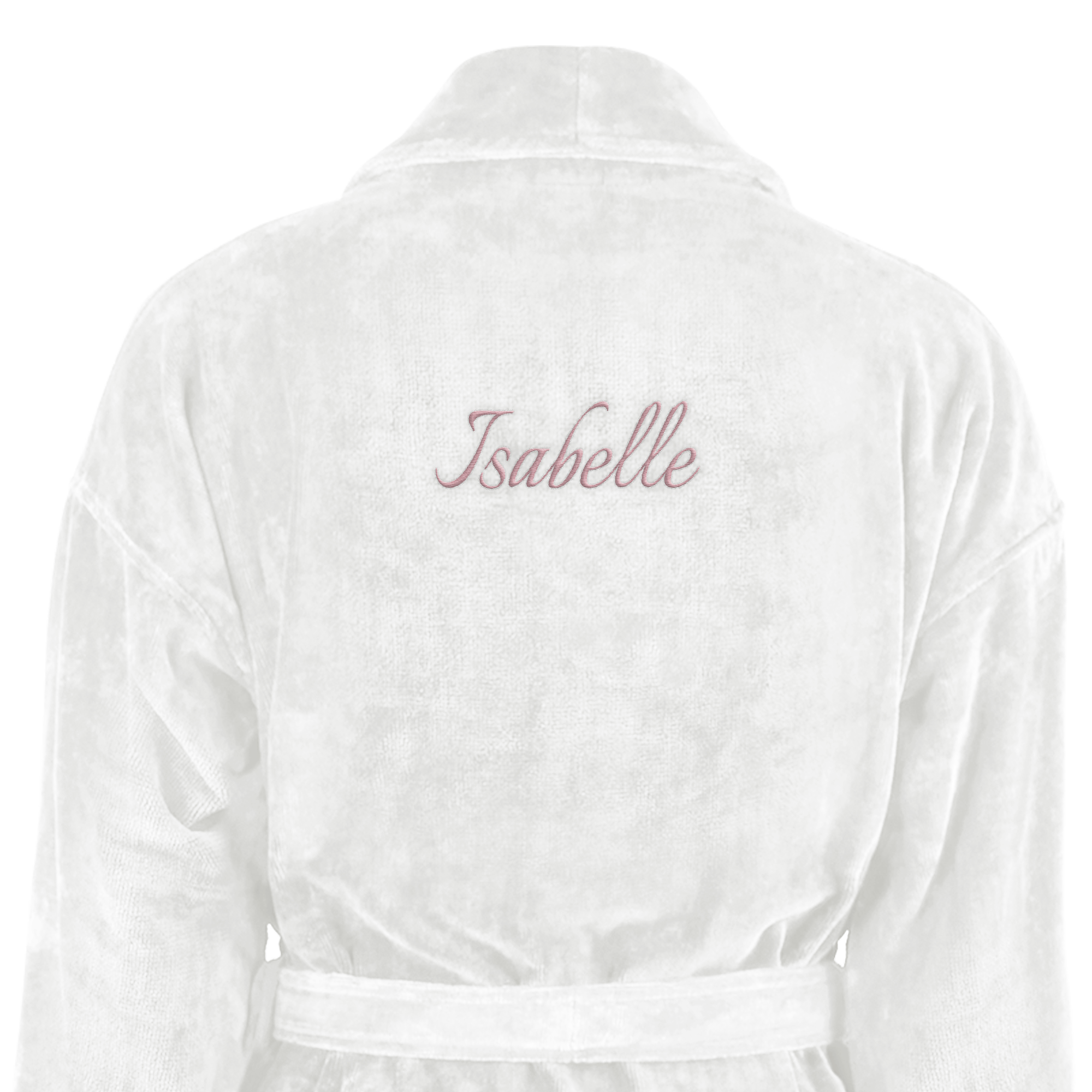Mjuk vit badrock broderad med namnet Isabelle i rosa tråd ge en mjuk badrock broderad med din egen text eller namn som en gåva