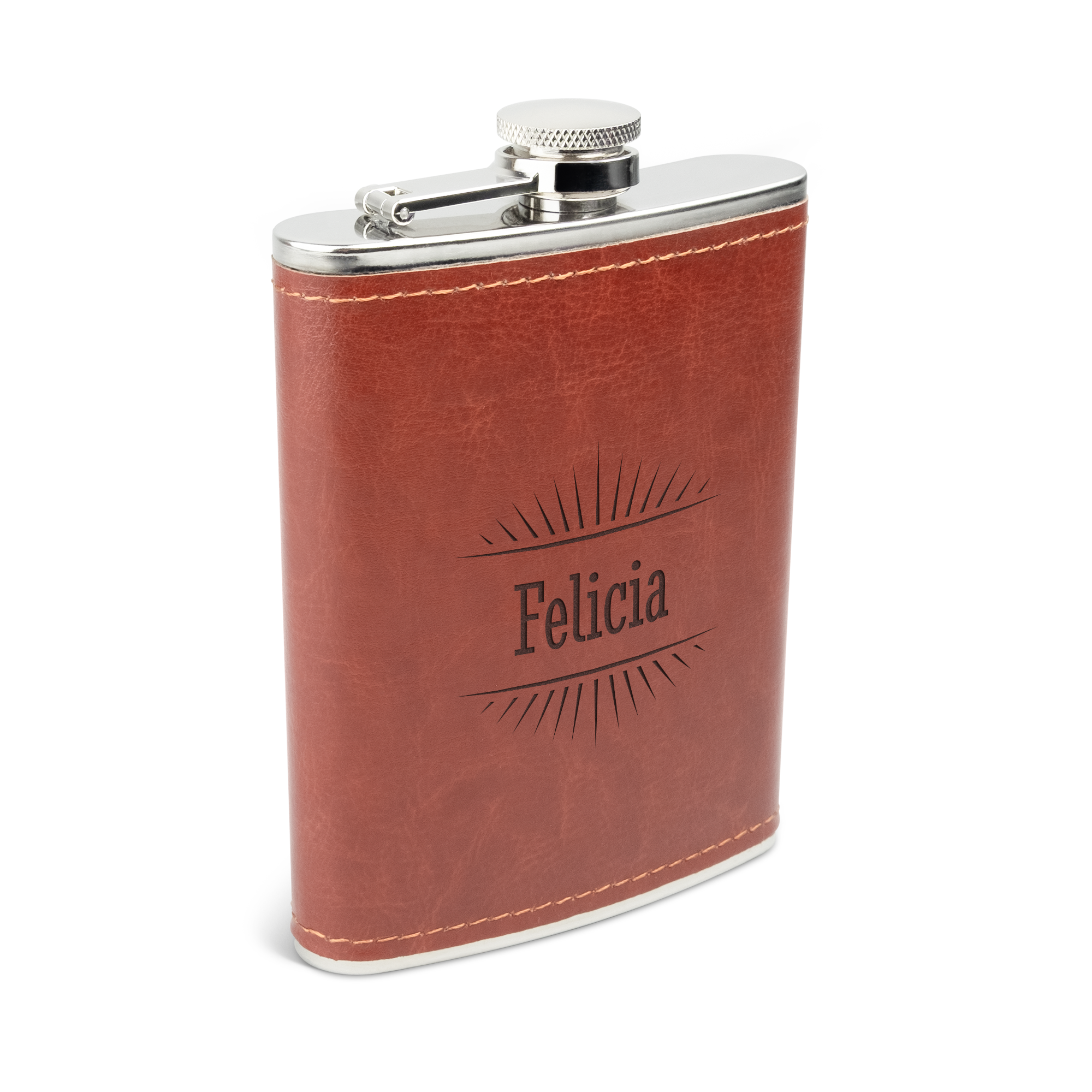 Lyxig graverad plunta med namnet Felicia i brunt läderimitation för personlig dryckesupplevelse