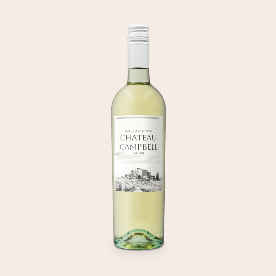 Riondo Pinot Grigio Fľaša bieleho vína s navrhnutým štítkom Chateau Campbell s obrázkom vinice, prispôsobiteľná vlastnou fotografiou a textom.