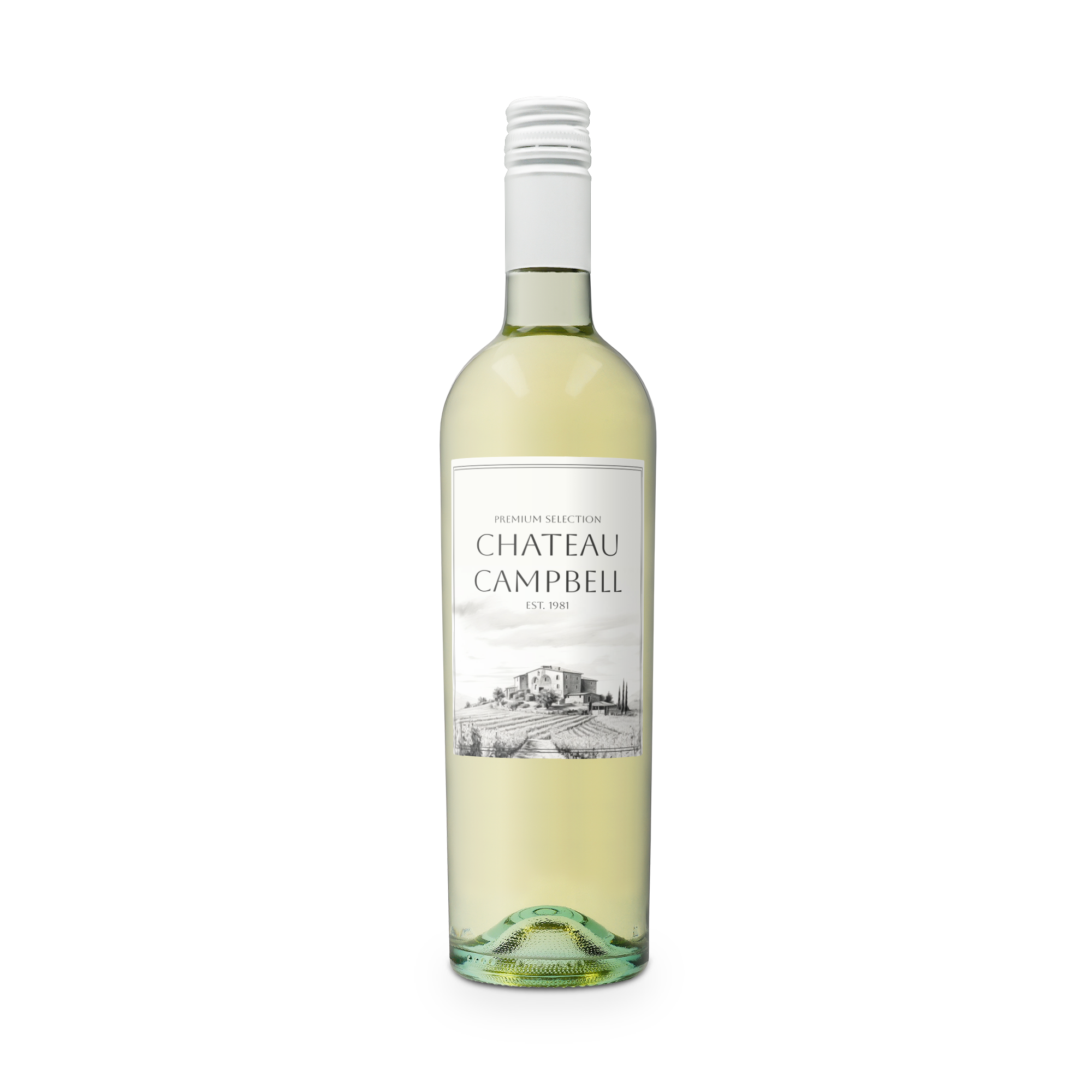Sticlă de vin alb Riondo Pinot Grigio cu etichetă personalizată, având design Chateau Campbell și anul 1981 imprimat.