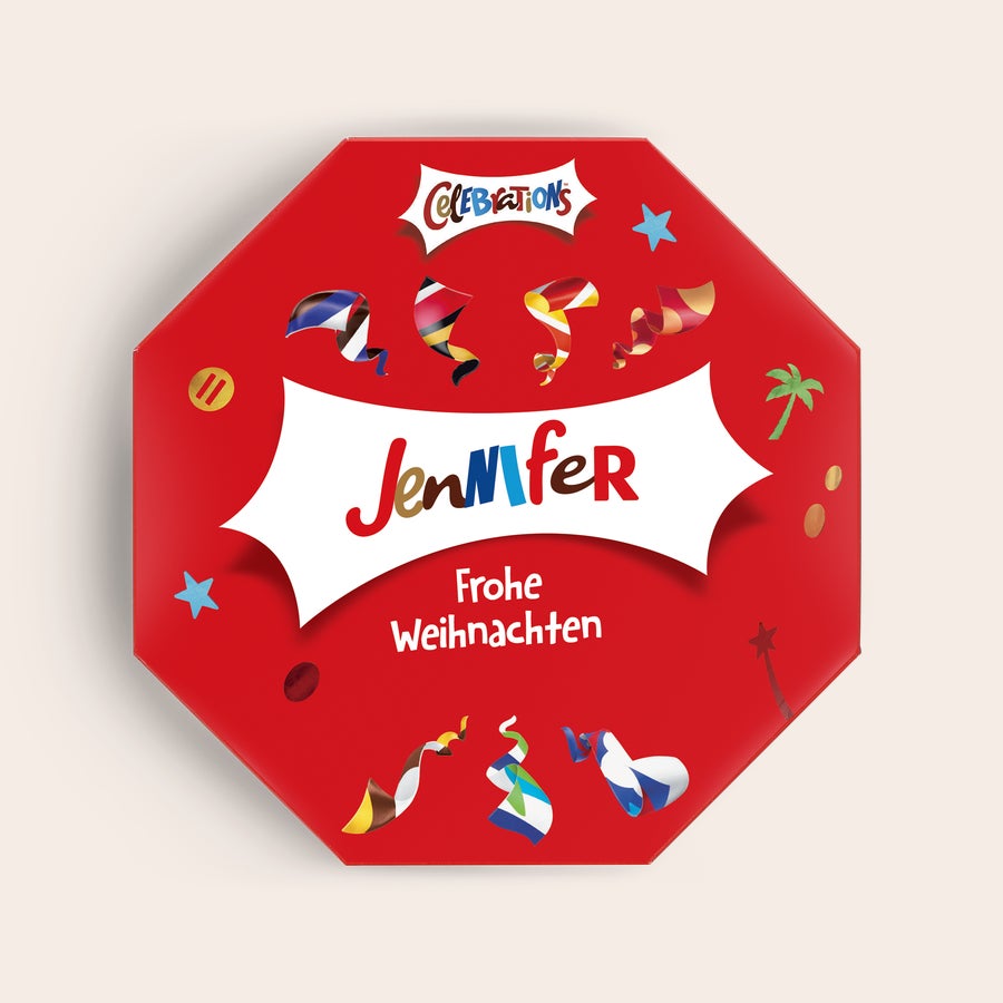 Celebrations Chocolate Box mit Namen Personalisierte Celebrations Box mit Namen Jennifer und dem gedruckten Text Frohe Weihnachten, umrahmt von bunten Bändern.