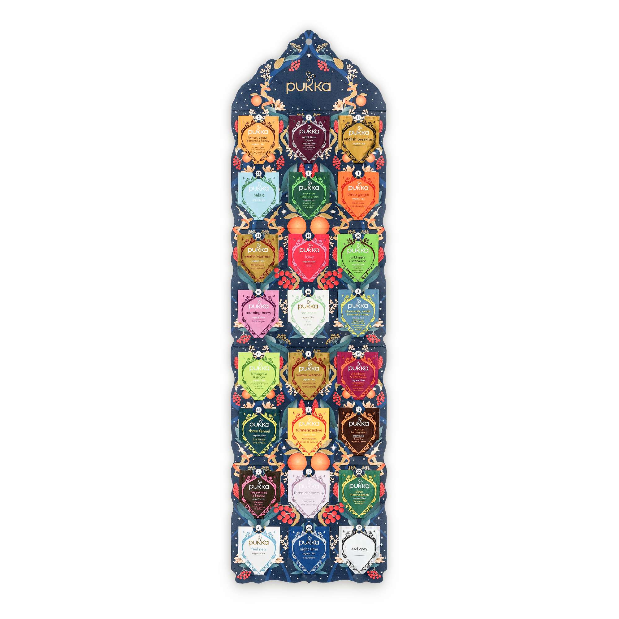 Calendário do advento do chá Pukka com 24 saquetas de chá variadas, em embalagem personalizada com elementos natalícios.