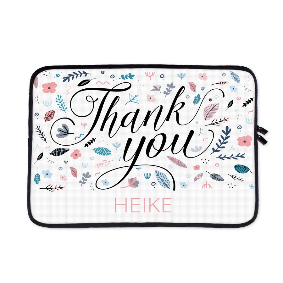 Bedruckte Laptoptasche mit Blumenmuster, personalisiert mit Thank you und dem Namen Heike