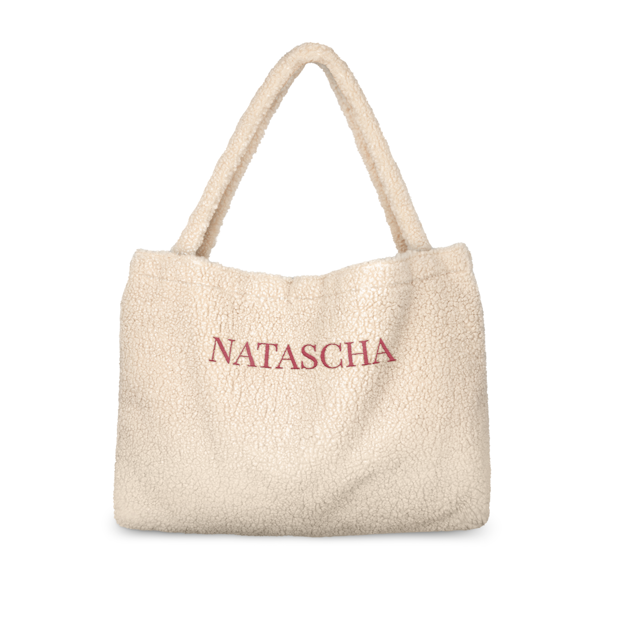 Cremefarbene Teddytasche mit eingesticktem Namen "NATASCHA" in Rot. Überrasche mit einer supersoften Teddy-Tasche mit Namen.