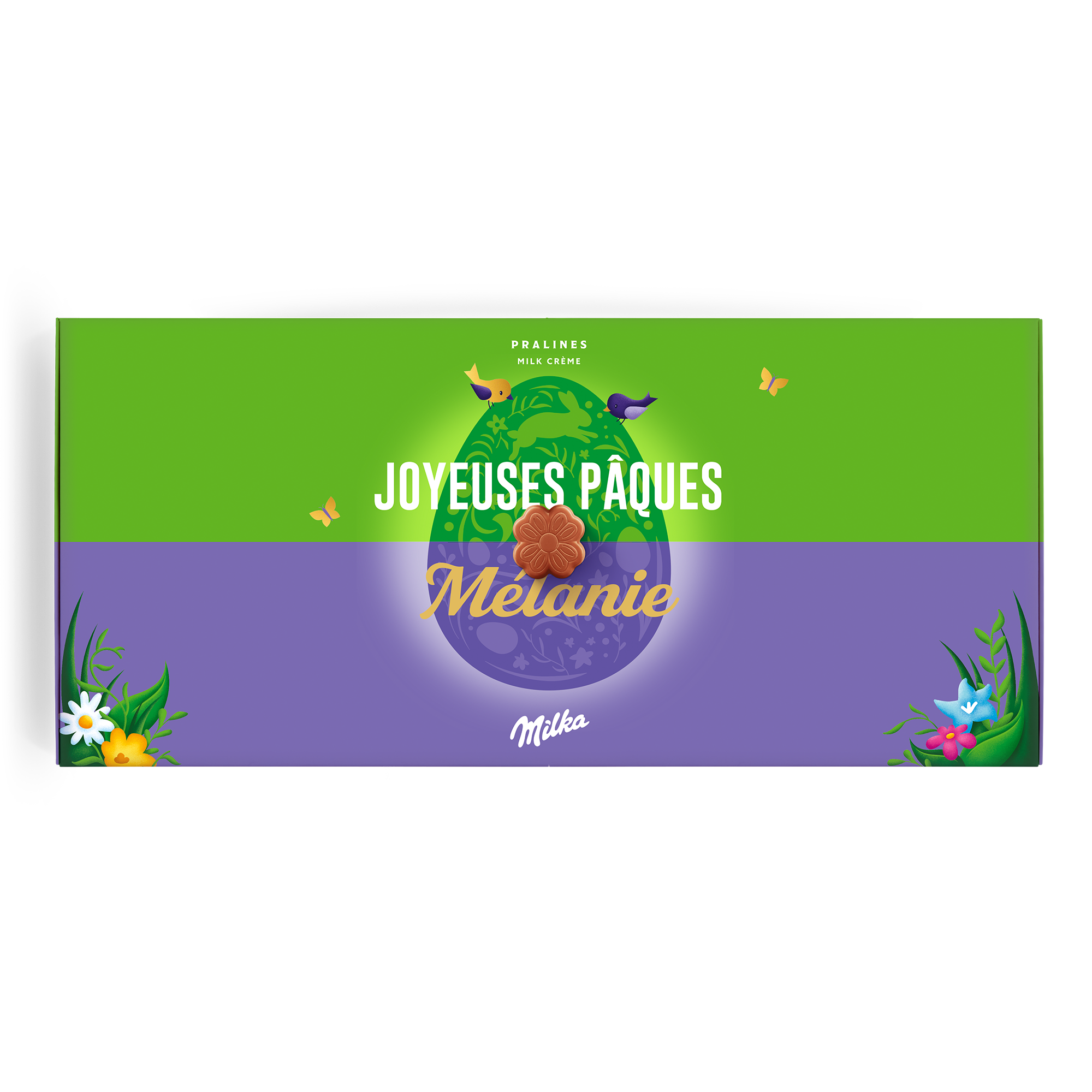 Un coffret cadeau personnalisé Milka de Pâques avec le nom Mélanie et le message Joyeuses Pâques imprimés sur la boîte