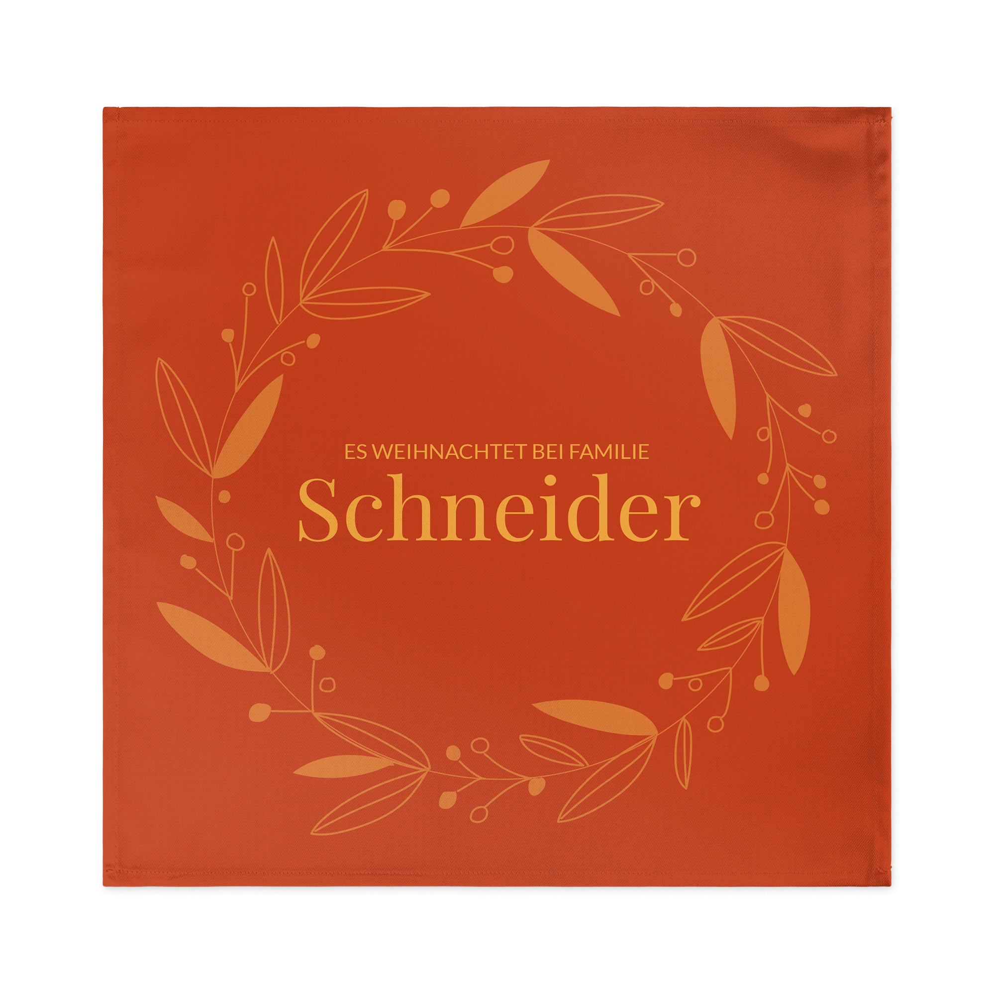 Rote personalisierte Servietten mit Kranzdesign und der Aufschrift "Es weihnachtet bei Familie Schneider", bedruckt.