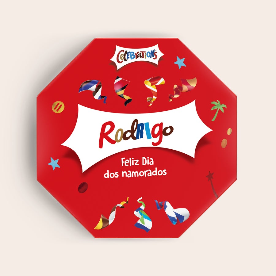 Caixa de comemorações com nome Esta caixa comemorativa personalizada tem o nome Rodrigo e
