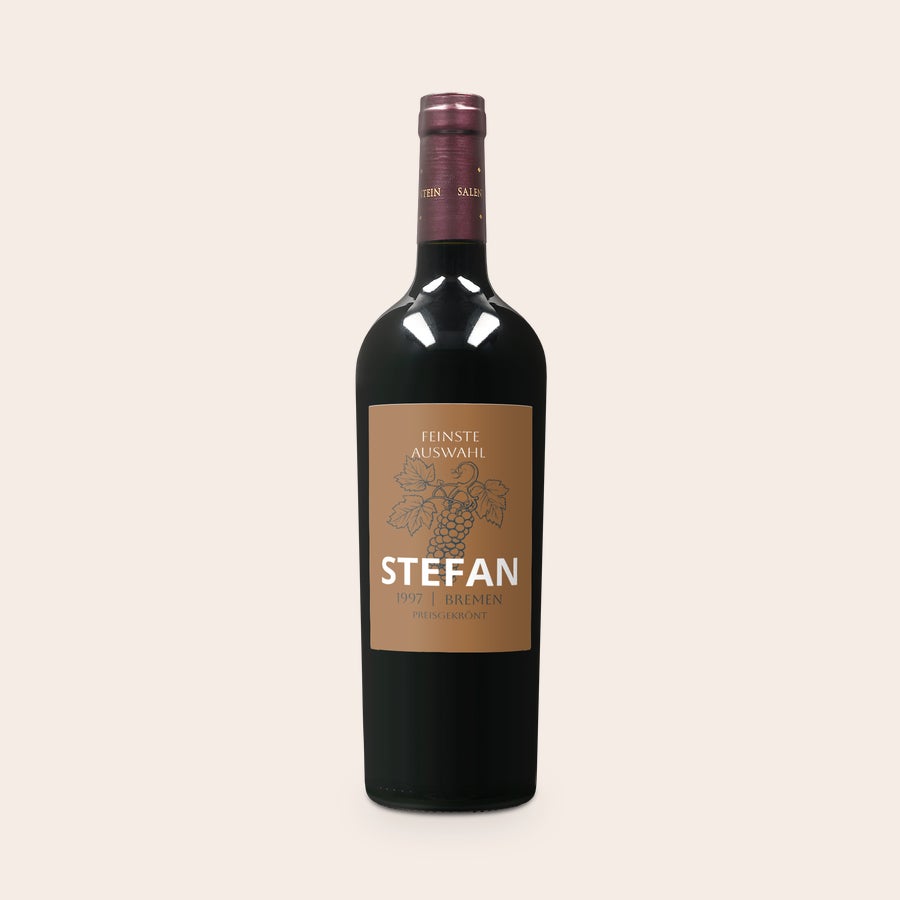 Personalisierter Wein - Salentein Merlot Salentein Merlot mit personalisiertem Etikett bedruckt mit "Feinste Auswahl", einer Traube und "Stefan 1997 Bremen"