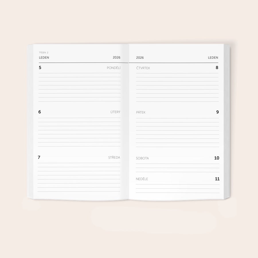 Vlastní plánovač Otevřený personalizovaný diář 2026 s designem pro týden 2 leden, zobrazené prázdné stránky pro plánování.