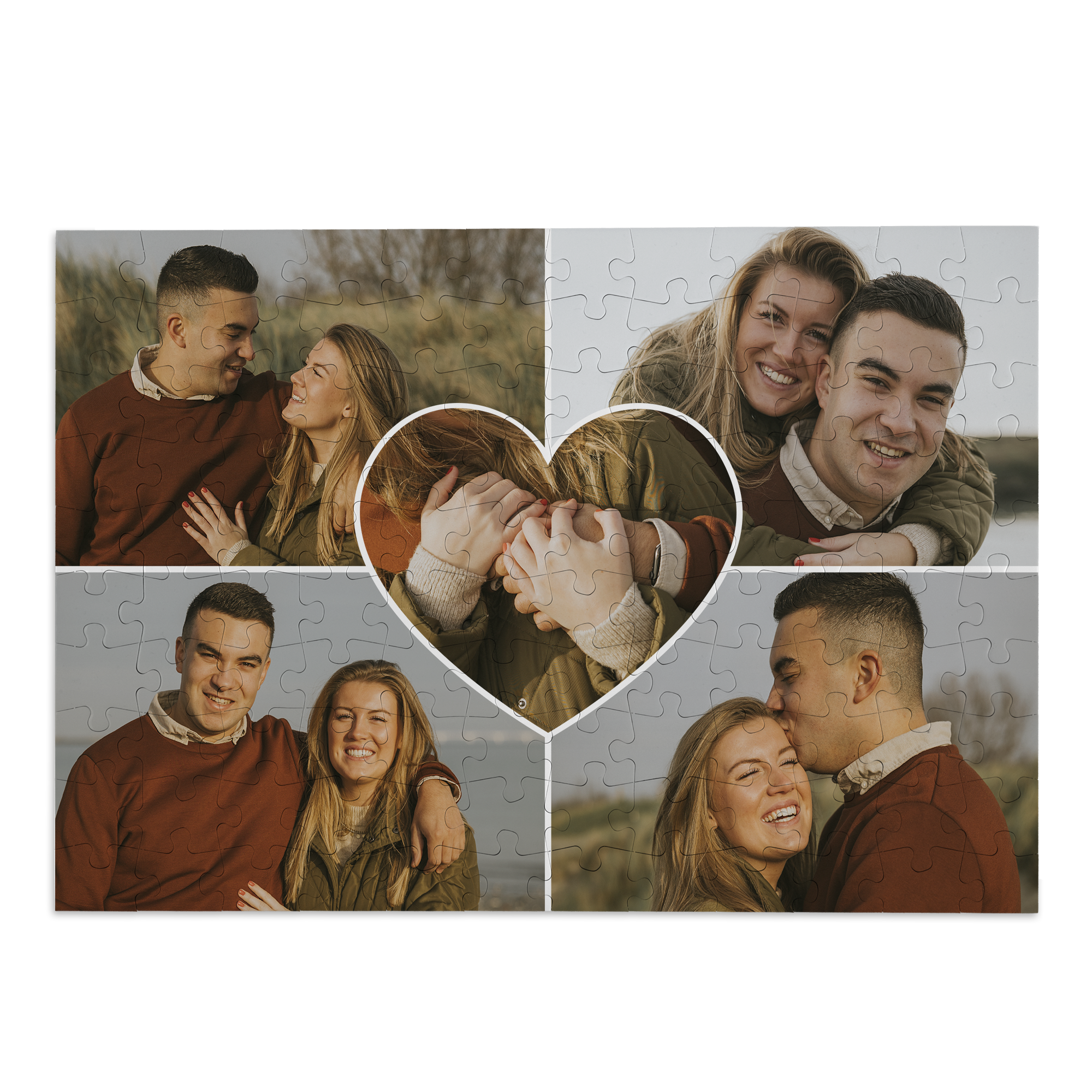 Unikátní foto puzzle s 120 kousky, potištěné koláží fotografií zamilovaného páru, s uprostřed srdcem.