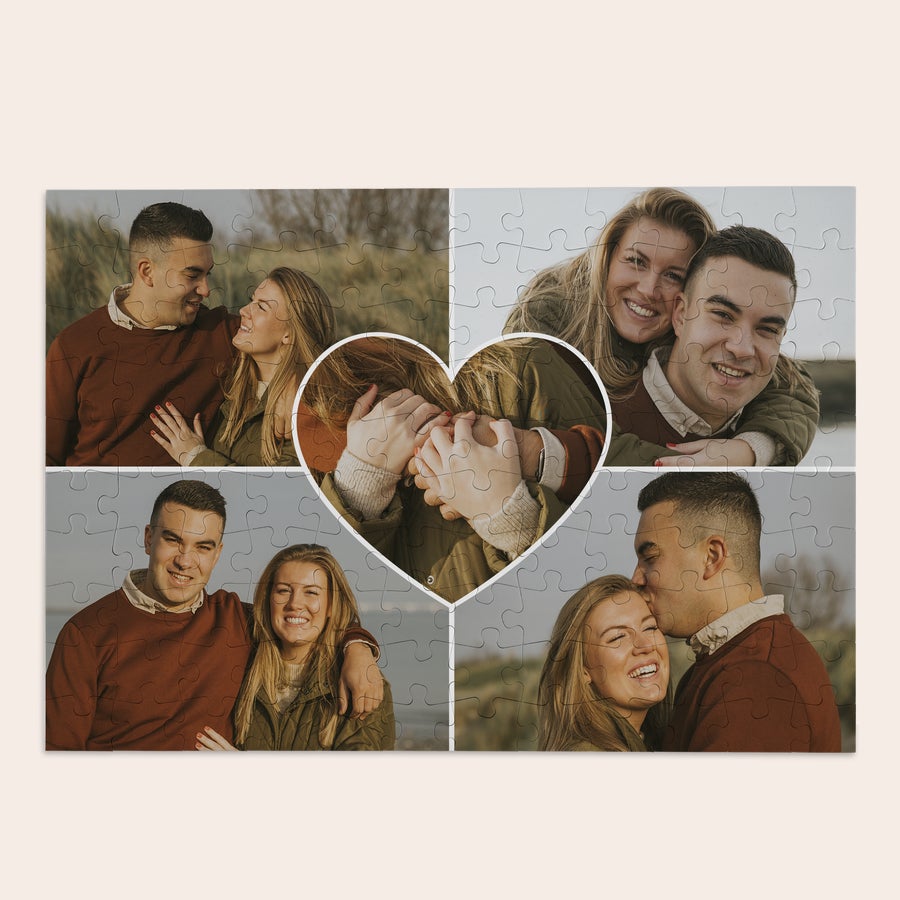 Puzzle - velké Unikátní foto puzzle s 120 kousky, potištěné koláží fotografií zamilovaného páru, s uprostřed srdcem.