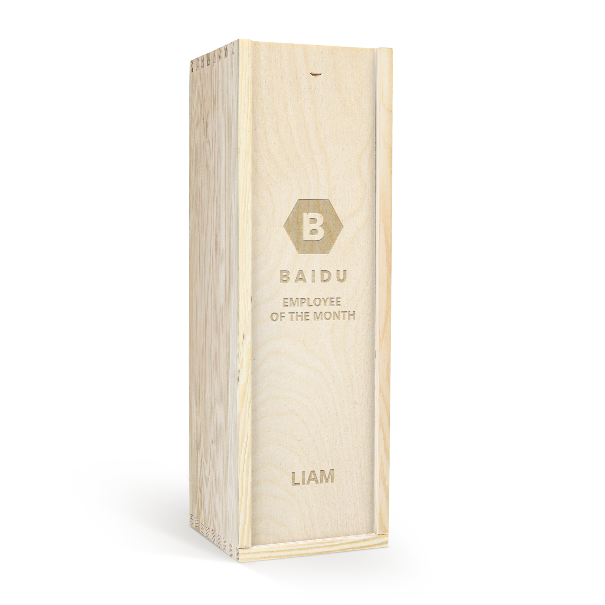 Gravírovaná drevená kazeta na portské víno s textom BAIDU, EMPLOYEE OF THE MONTH a menom LIAM