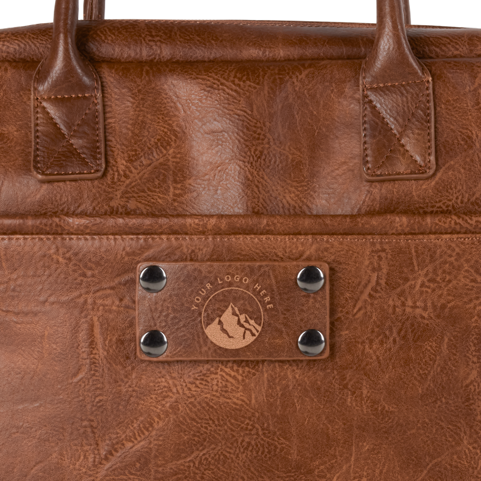 Luxe PU leren laptoptas in cognacbruin, gegraveerd met naam naar keuze.