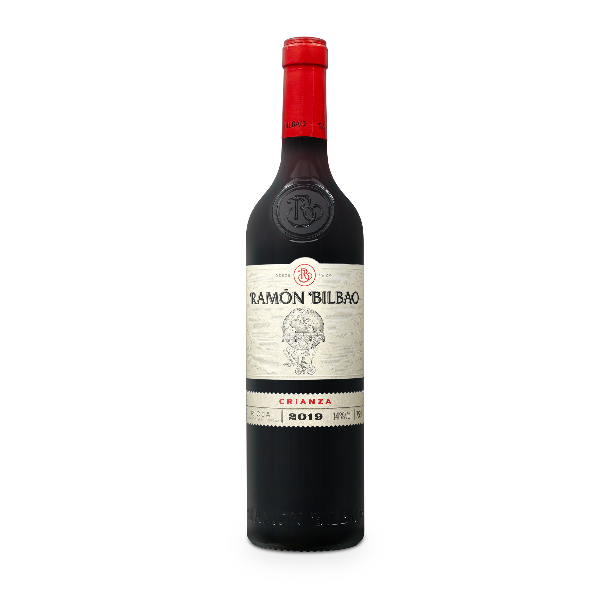 Botella de Ramón Bilbao Gran Crianza, vino tinto de Rioja 2019, con etiqueta personalizada.