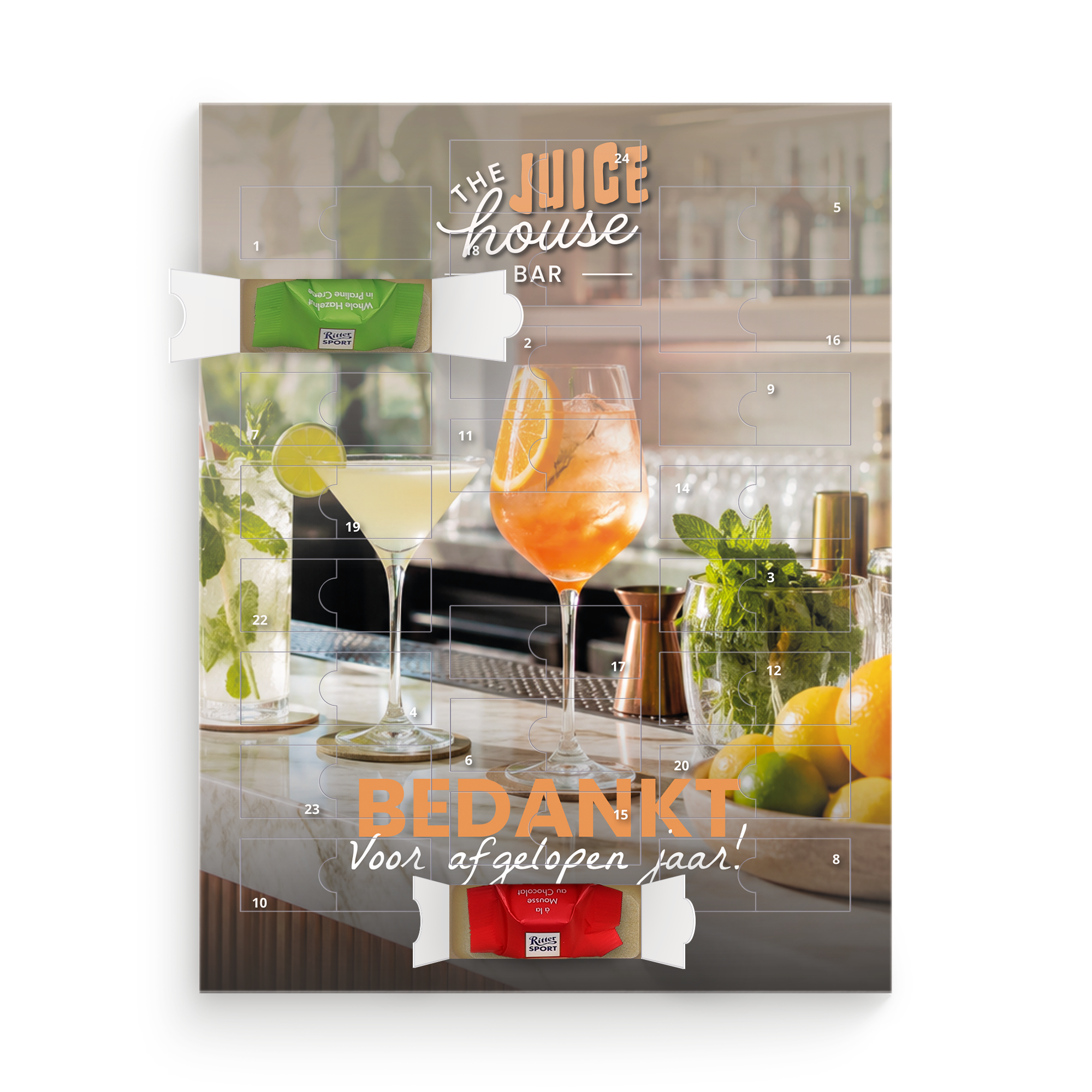 Gepersonaliseerde Advent kalender Rittersport met bar design en de tekst The Juice House Bar en Bedankt voor afgelopen jaar