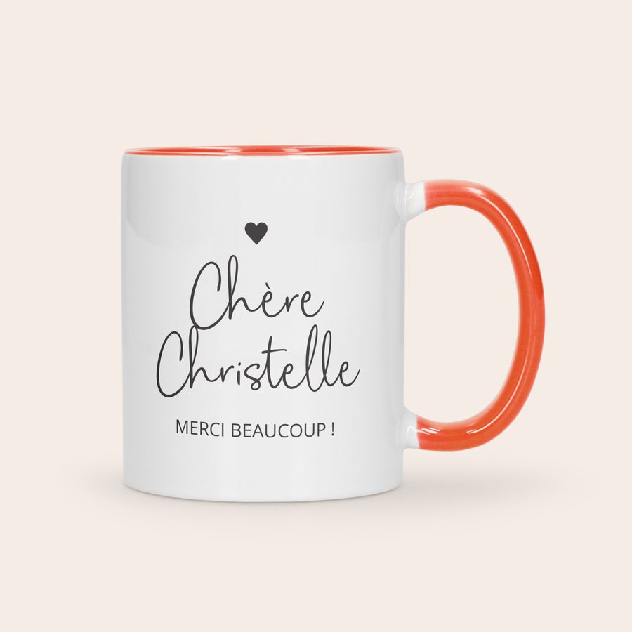 Mug personnalisé coloré Mug orange personnalisé avec texte imprimé Chère Christelle et un cœur