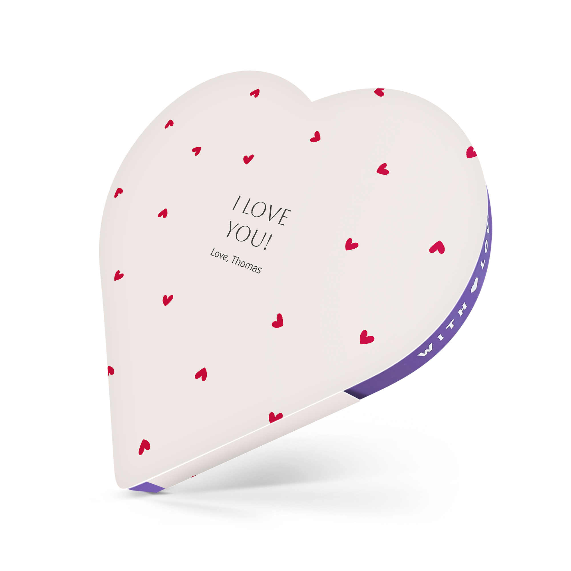 Caixa de chocolate em forma de coração personalizada I LOVE YOU impressa com o nome Thomas e corações vermelhos