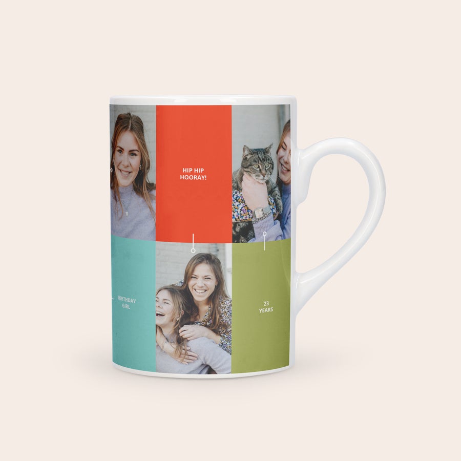 Taza de té Taza de cerámica con fotos impresas de dos mujeres y un gato, y texto "HIP HIP HOORAY!", "BIRTHDAY GIRL" y "23 YEARS".