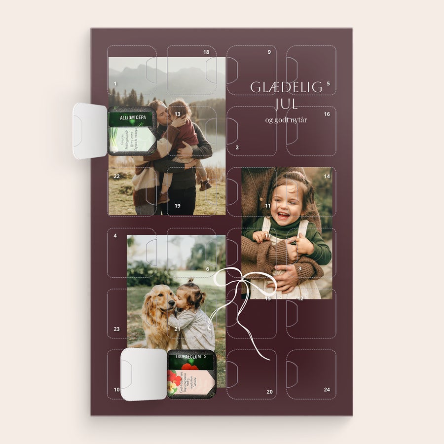 Personlig adventskalender med frø Personlig julekalender med frø og egne billeder. En naturlig nedtælling til jul.