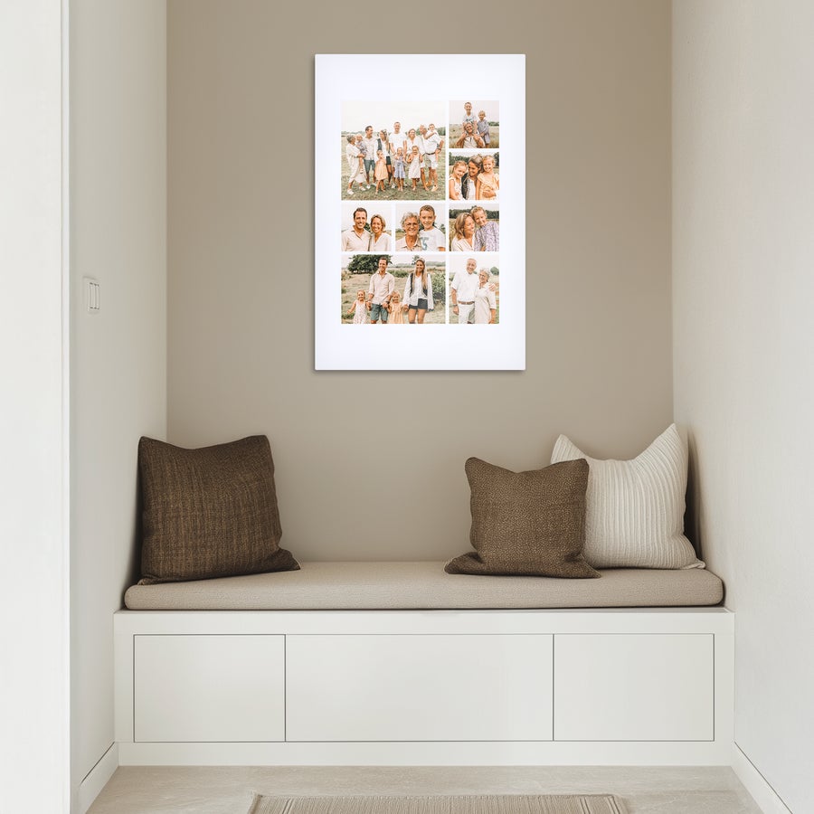Instagram photo collage A personalized aluminum Instagram photo collage with various family photos printed on it, displayed on a wall.