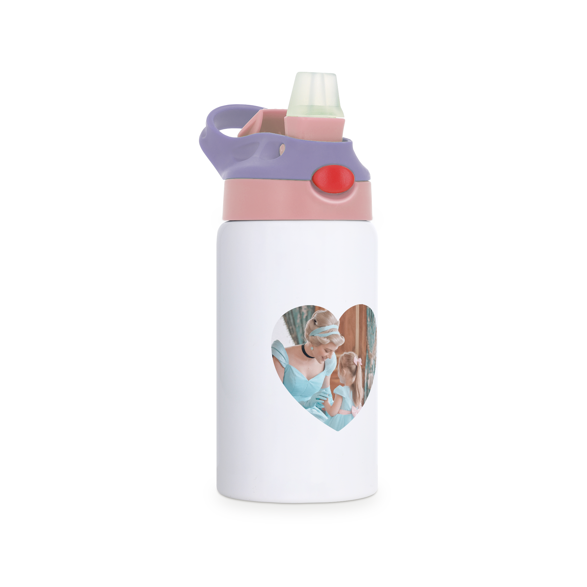 Personalisierte Kinder-Wasserflasche mit pink-lila Deckel und einem herzförmigen Foto, aufgedruckt mit einem Bild von Cinderella und einem kleinen Mädchen.