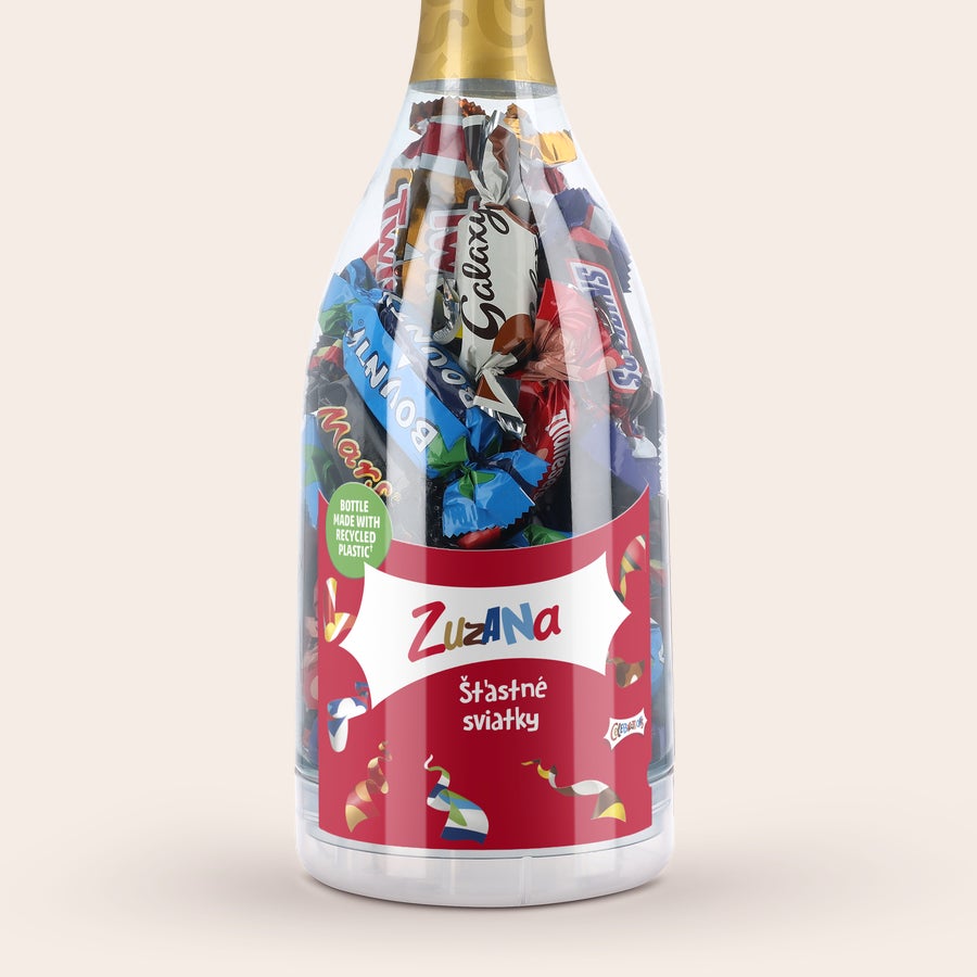 Celebrations personalizovaná krabička Celebrations v tvare fľaše s menom Zuzana a textom šťastné sviatky