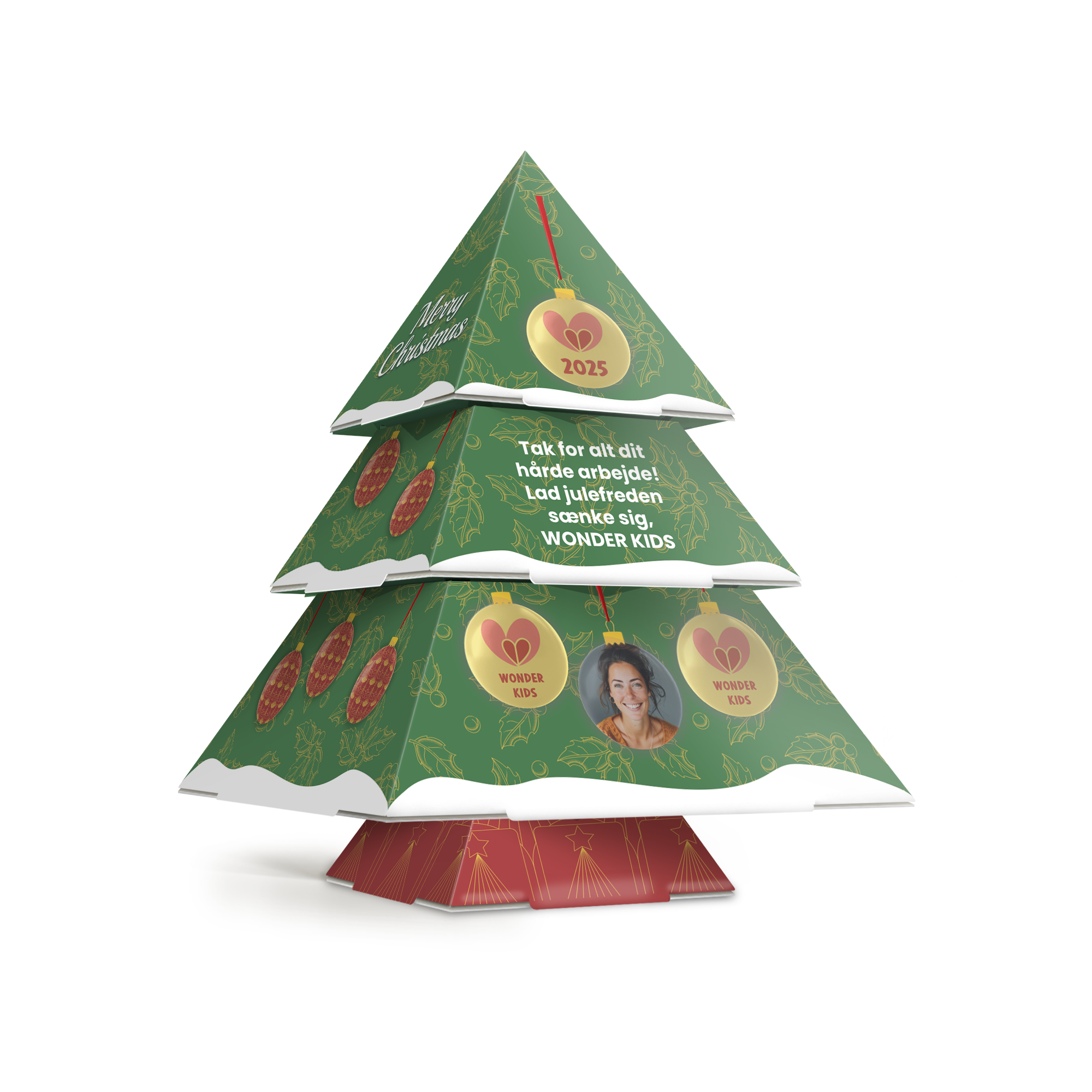 Personligt juletræ i papir med fuld farve print af "Merry Christmas", et billede, og teksten "Sæt gang i julestemningen"