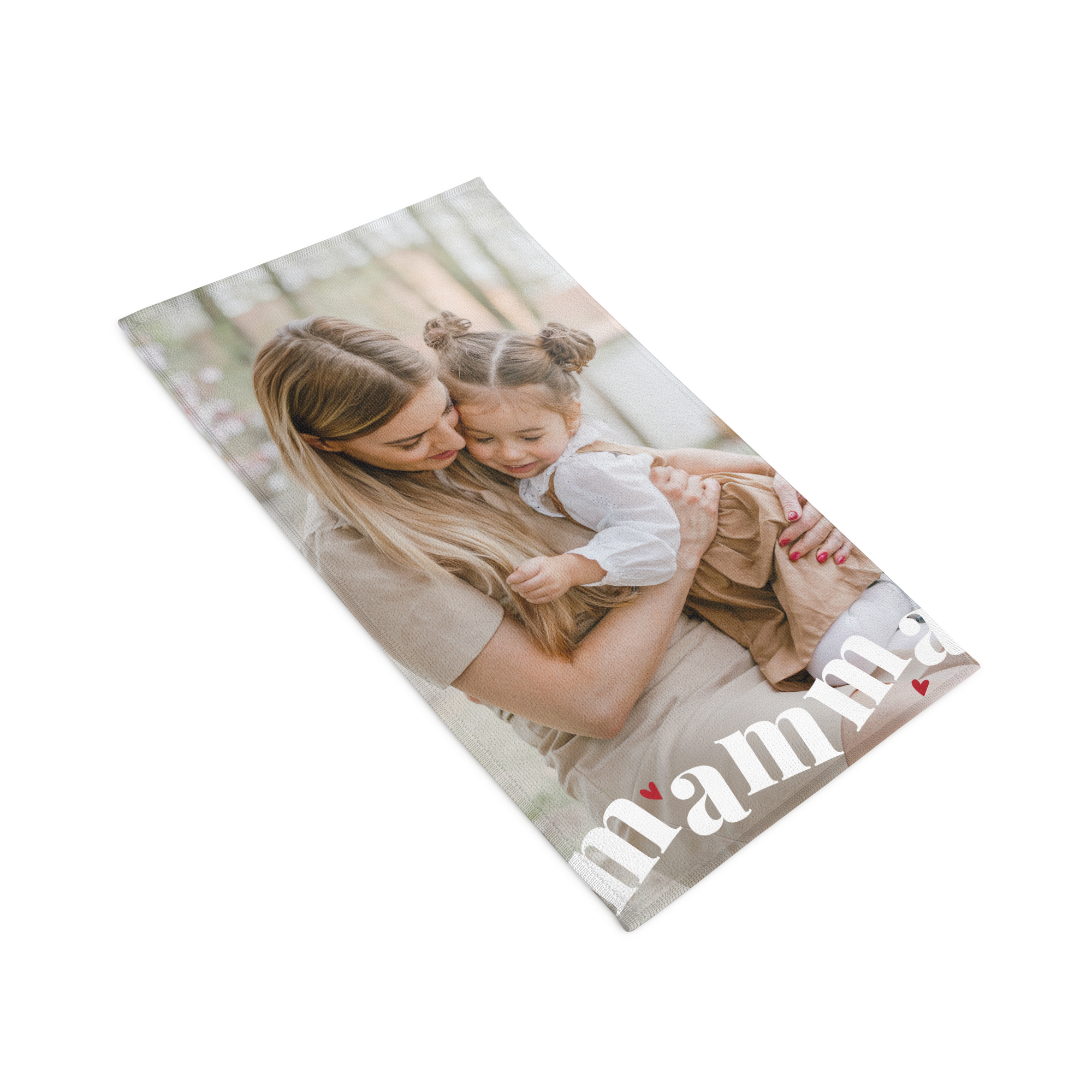 Personlig gjestehåndkle - 30 x 50 cm 4 stk, trykt med bilde av mor og datter og tekst "mamma" med hjerte.