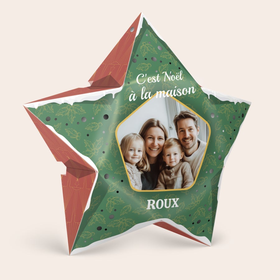 Etoile de Noël en papier personnalisée - DIY- 42,5 cm - Lumières incluses Sapin de Noël en papier DIY imprimé avec une photo de famille et le nom Roux pour illuminer les fêtes de fin d'année.
