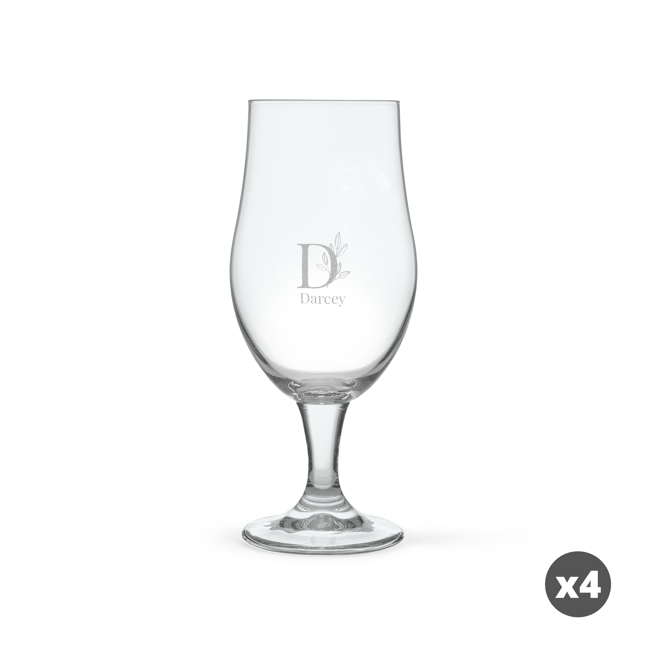 Set di quattro bicchieri da birra artigianale personalizzati con incisione "D" e "Darcey"