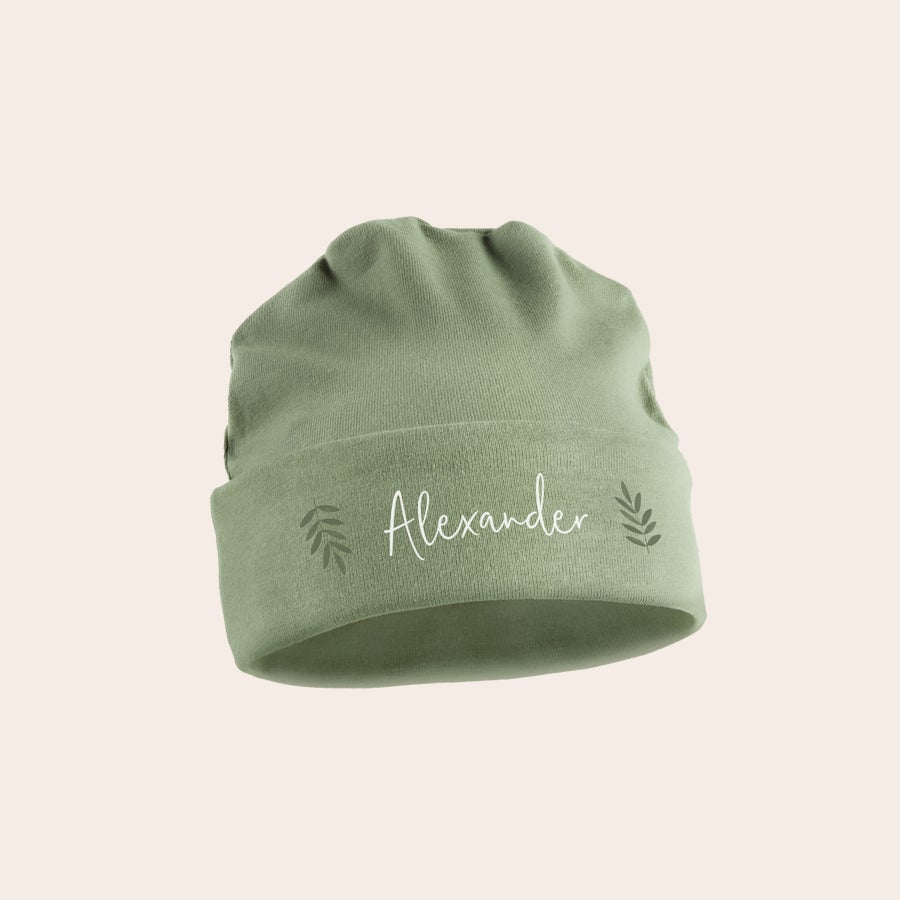 Chapéu de bebê Gorro verde-menta em algodão biológico com nome Alexander impresso e personalização com folhas