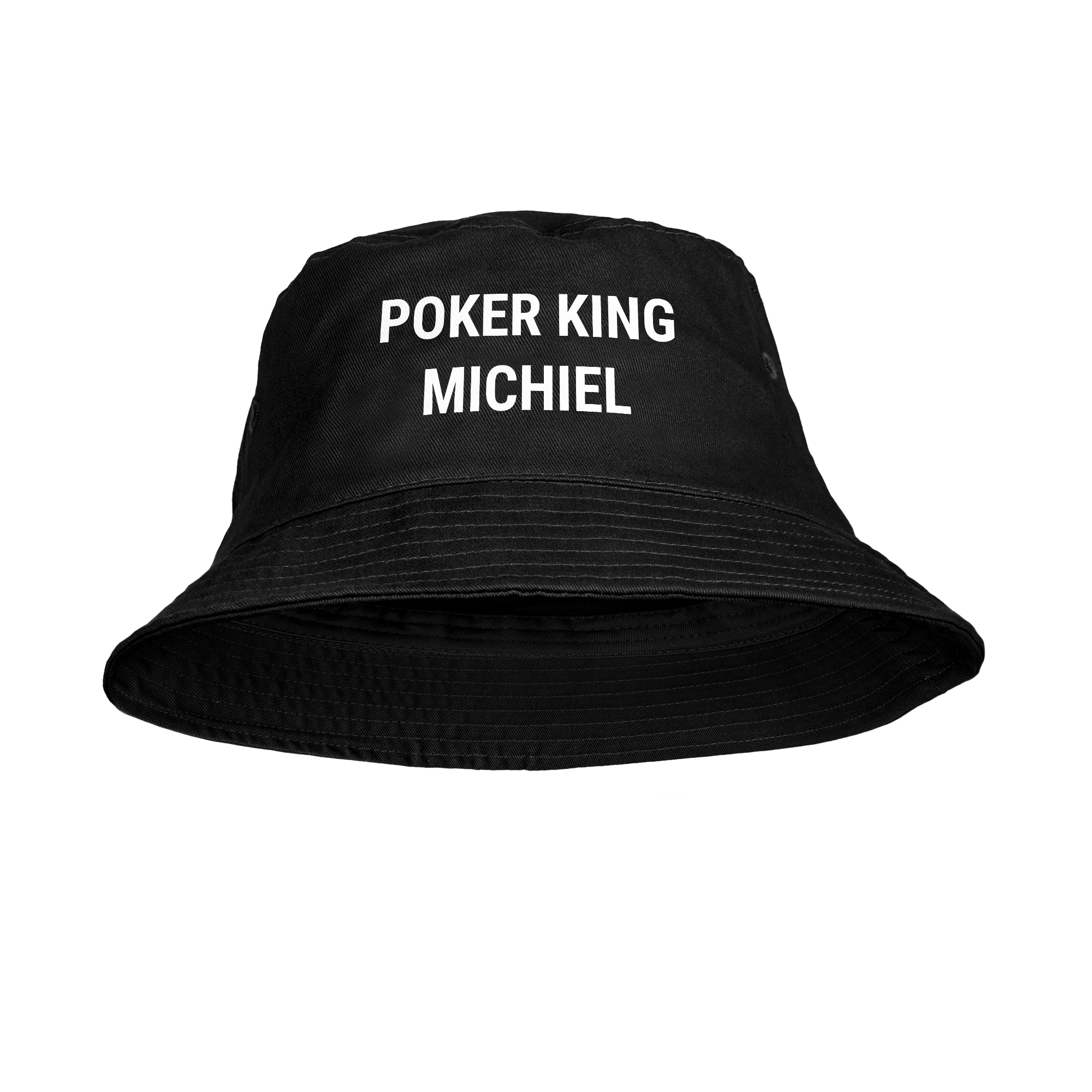 Pălărie neagră tip găleată imprimată cu textul Poker King Michiel, personalizată cu designul tău