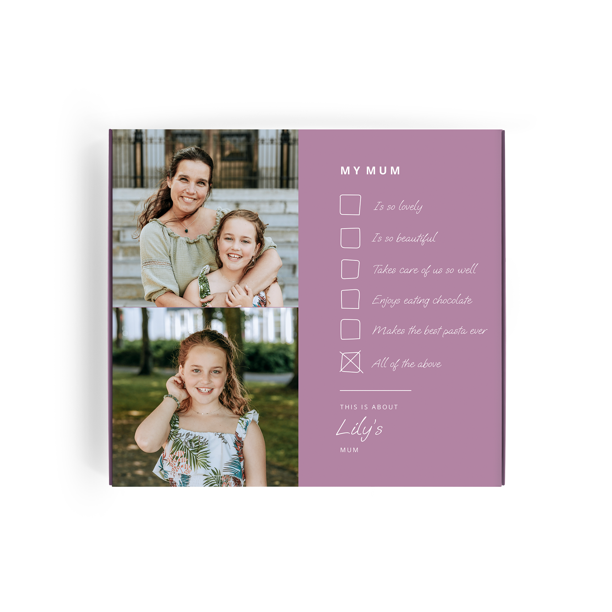 Cutie cadou personalizată de ciocolată Milka, imprimată cu fotografia unei mame și fiice și textul Lily's Mum.