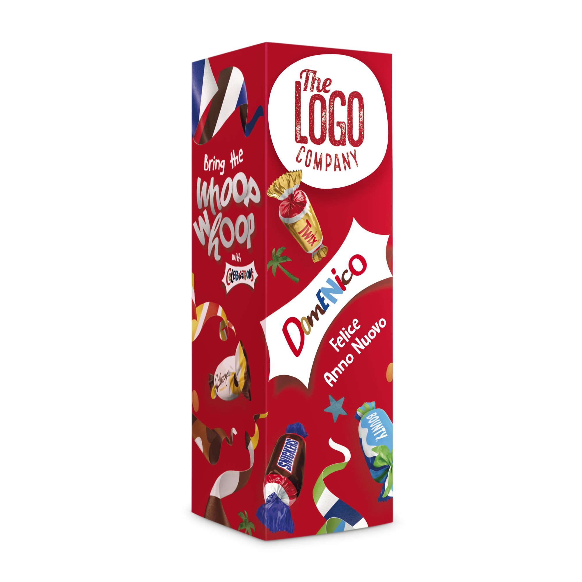 Bottiglia di cioccolatini Celebrations rossa personalizzata con nome Domenico e scritta Felice Anno Nuovo, decorata con grafica di dolcetti e logo stampati.