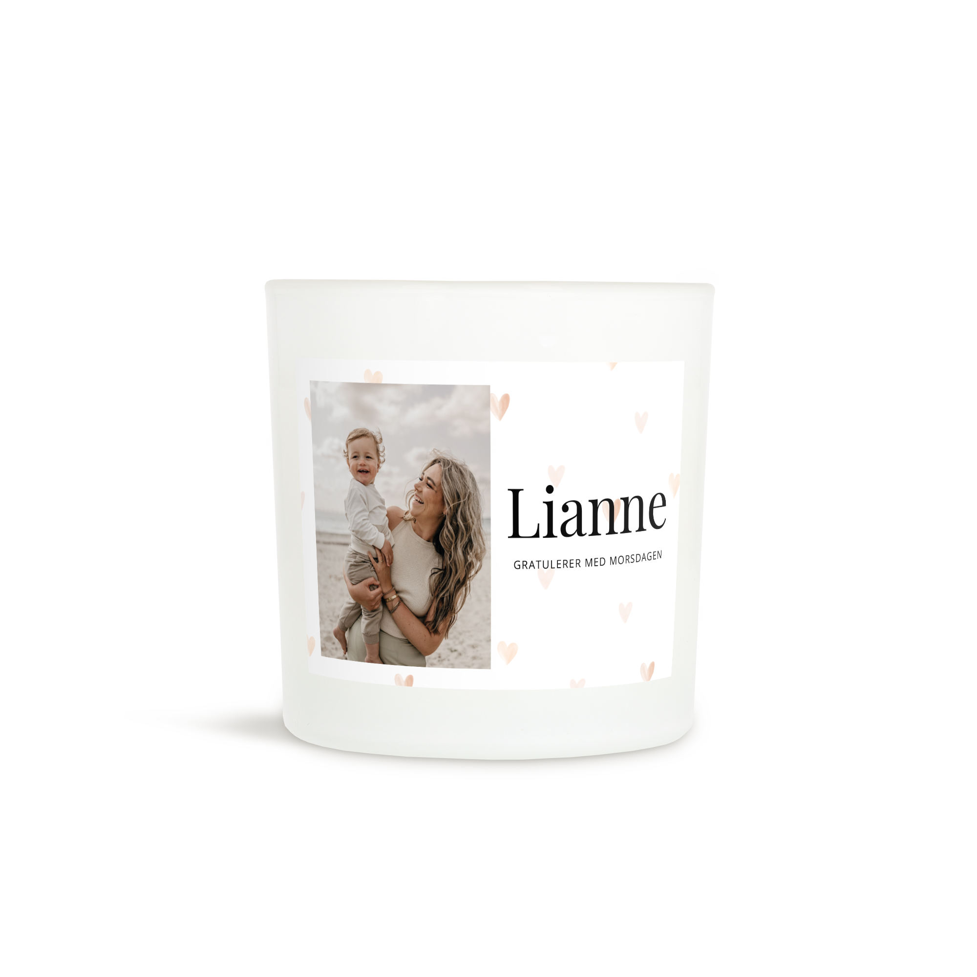 Personlig lysestake med bilde av mor og barn, navnet Lianne og teksten Gratulerer med morsdagen, trykt på etiketten.