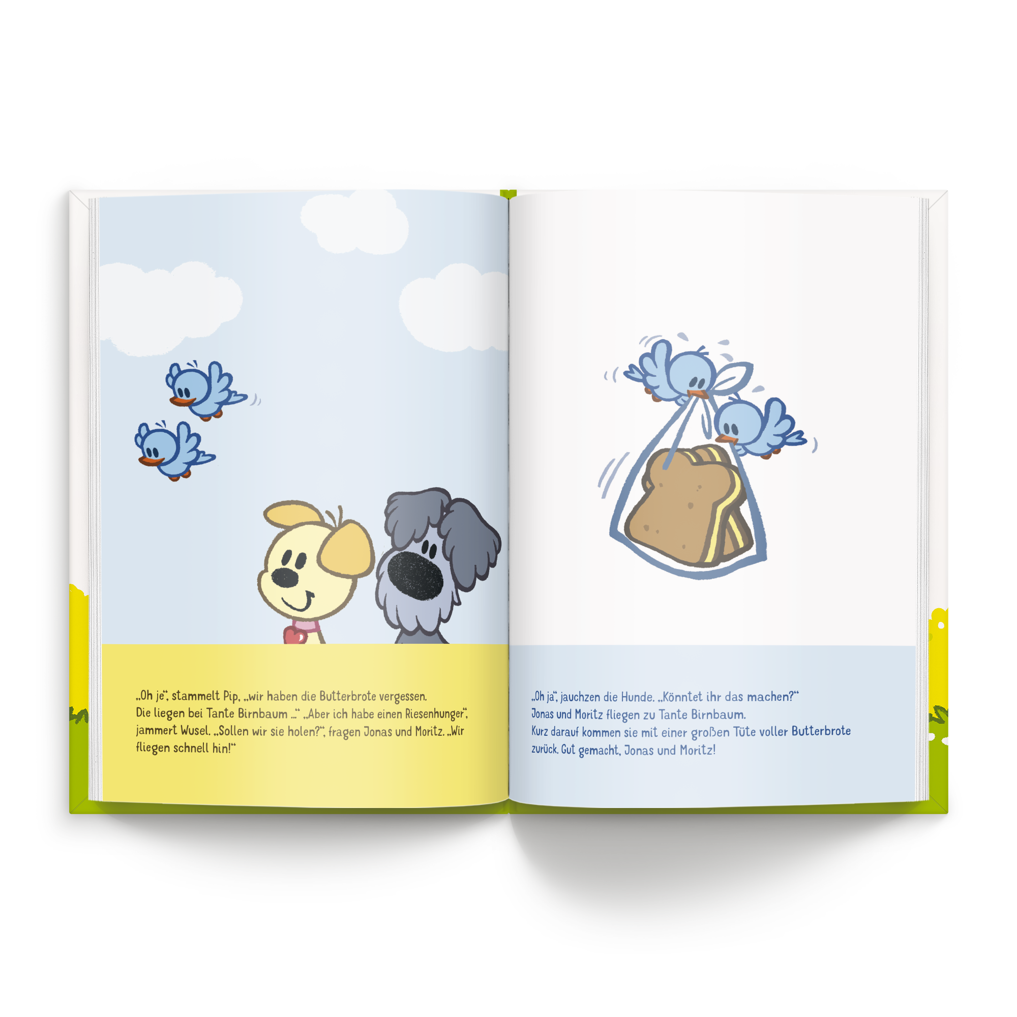 Geöffnetes personalisiertes Kinderbuch Geschwister/Zwillinge – Wusel & Pip und ihre neuen Freunde – XL Hardcover mit personalisierten Namen im Text.