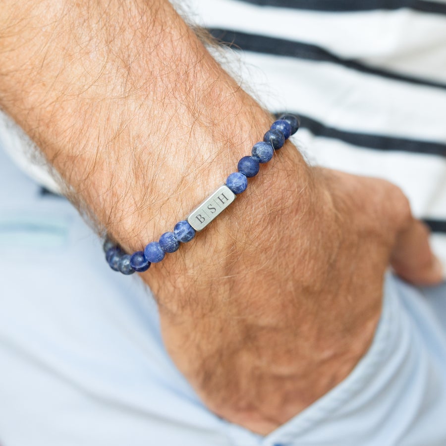 Personalised gem stone bracelet Personalised Steel & Barnett bracelet with blue gemstone beads and engraved initials B S H