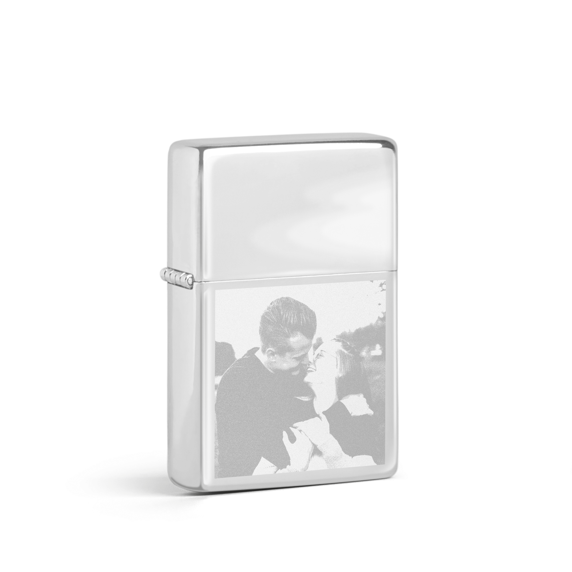 Silver photo lighter engraved with a picture of a couple. Transform memories into a flame of elegance.